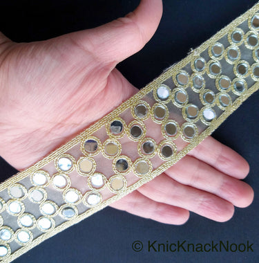 Gold Sheer Fabric Lace Trim With Gold Embroidery And Mirror Embellishments, Wedding Trims, Indian - 210119L16